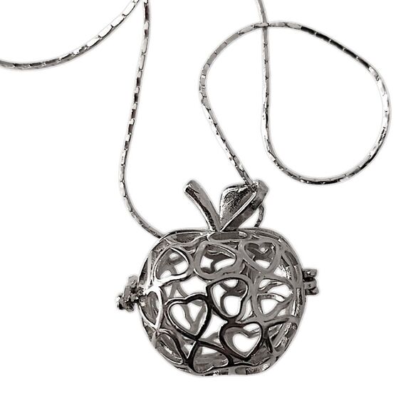 Vintage Apple Pendant Necklace Open Work Filigree Cage Clasp Opens Silver Tone. - Picture 7 of 16